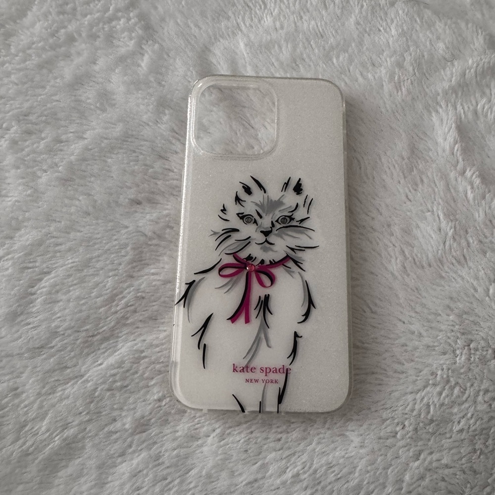 Kate Spade White Cat iPhone Case with Pink Bow - 15 pro max